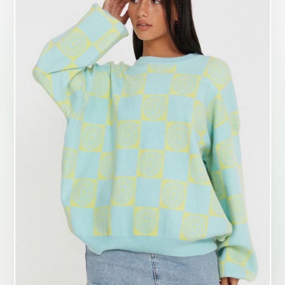 Motel Rocks Akari Jumper Crewneck Oversized Sweater In Optiz Maze Blue & Yellow